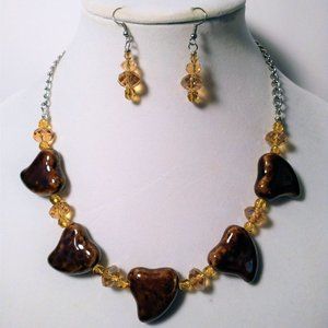 Dark Brown Heart Ceramic Stone Beaded Necklace and Earring Set